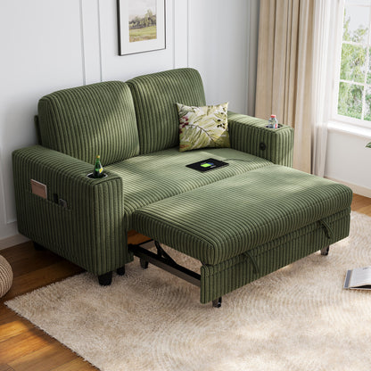 Linsy HS015-02 Plush Corduroy Pull Out Couch Chaise Lounge, Convertible Loveseat Sofa Couch With Usb & Cup Holder