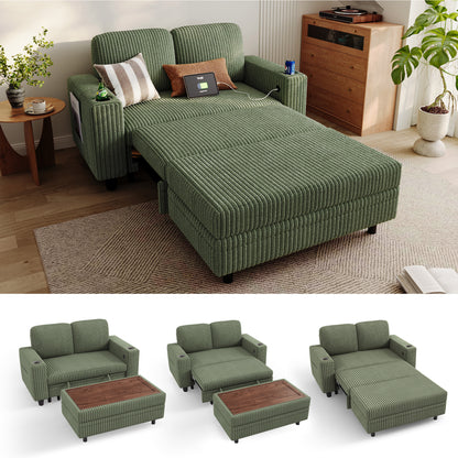 Linsy HS015-02 Plush Corduroy Pull Out Couch Chaise Lounge, Convertible Loveseat Sofa Couch With Usb & Cup Holder