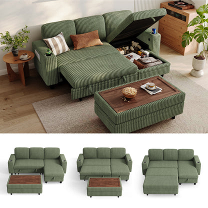 Linsy Home HS015-03-4 Plush Corduroy Sleeper Sofa Bed with Storage Seat, Pull Out Couch Bed with Multifunctional Storage Ottoman