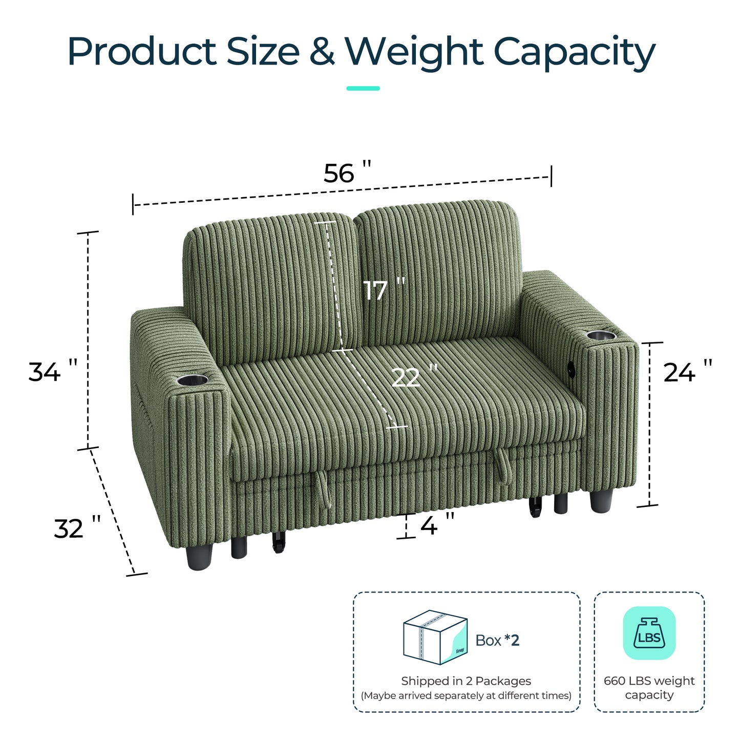 Loveseat Sofa with Storage - Comfy Plush Corduroy 2 Seater Sofa