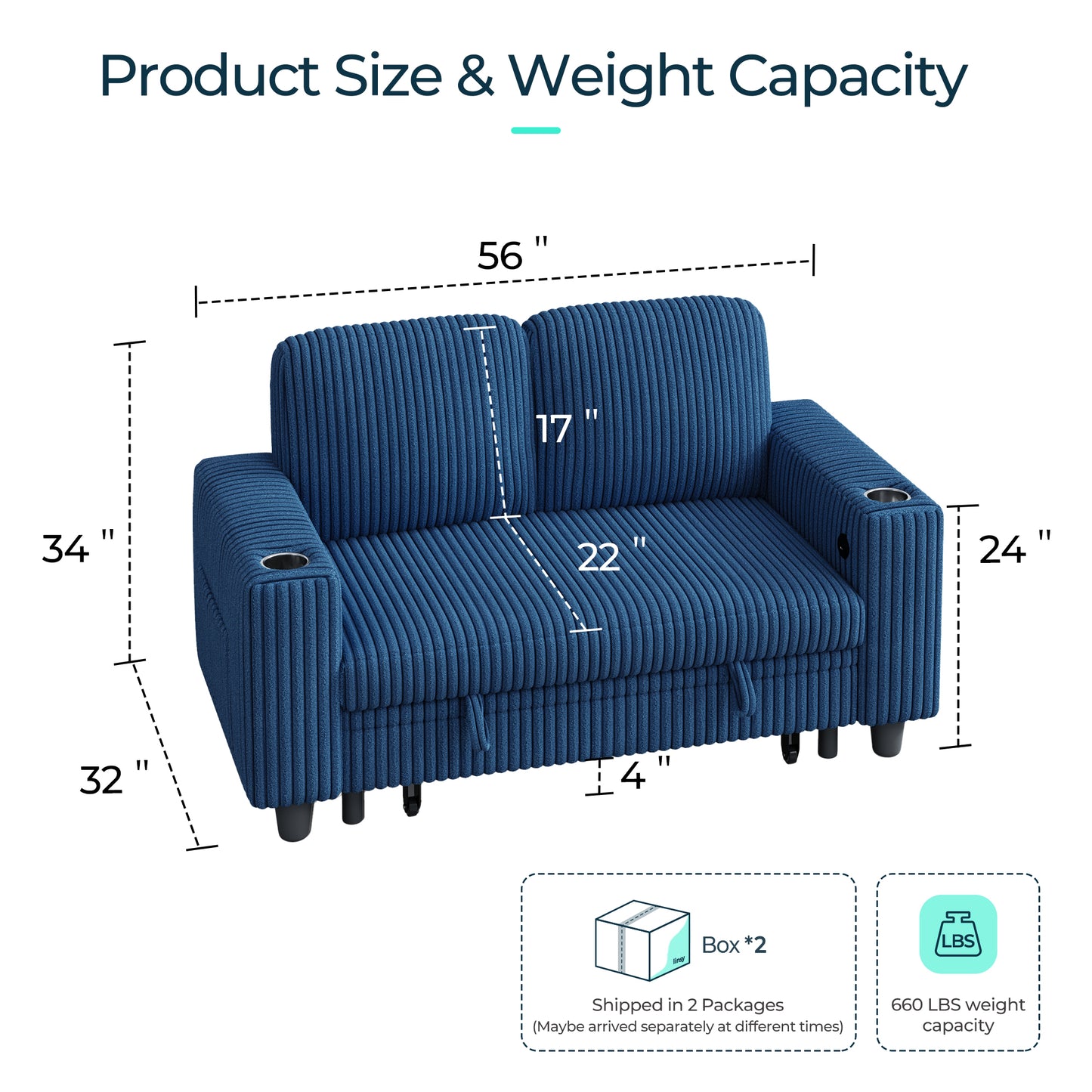 Linsy HS015 Storage Corduroy Loveseat Sofa Couch with USB & Cup Holder