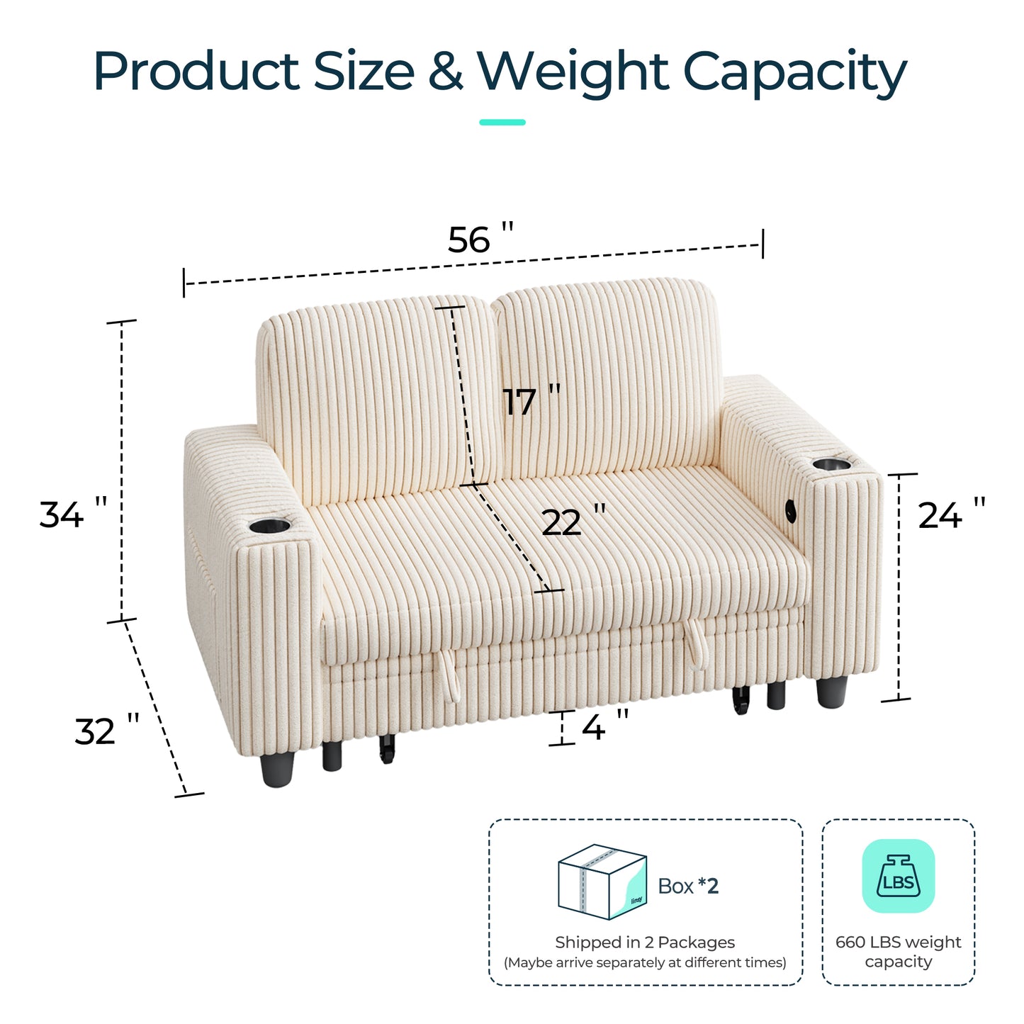 Linsy HS015 Storage Corduroy Loveseat Sofa Couch with USB & Cup Holder