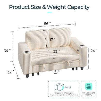 Linsy HS015 Storage Corduroy Loveseat Sofa Couch with USB & Cup Holder