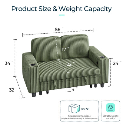 Linsy HS015 Storage Corduroy Loveseat Sofa Couch with USB & Cup Holder