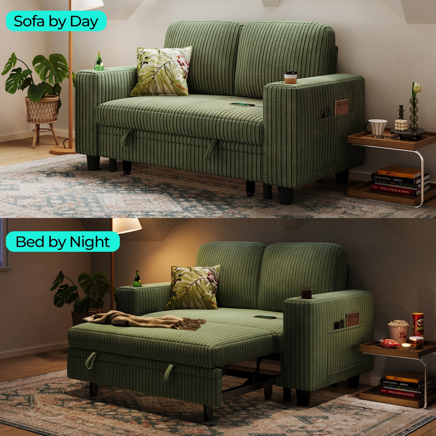 Linsy HS015-02 Plush Corduroy Pull Out Couch Chaise Lounge, Convertible Loveseat Sofa Couch With Usb & Cup Holder