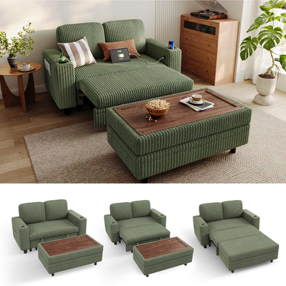 Linsy HS015-02 Plush Corduroy Pull Out Couch Chaise Lounge, Convertible Loveseat Sofa Couch With Usb & Cup Holder