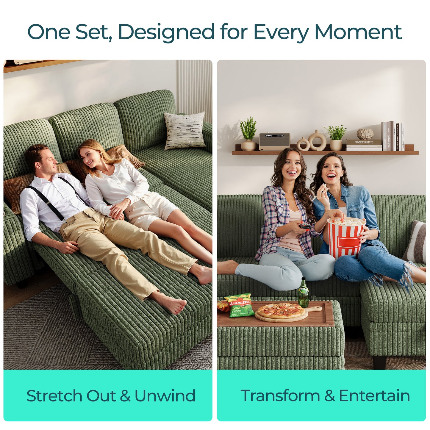 3 Seats with Ottoman, Convertible Plush Corduroy Cloud Couch