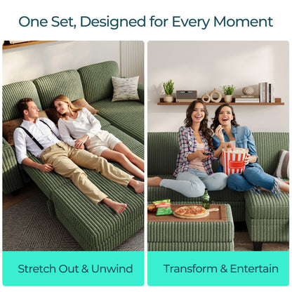 3 Seats with Ottoman, Convertible Plush Corduroy Cloud Couch