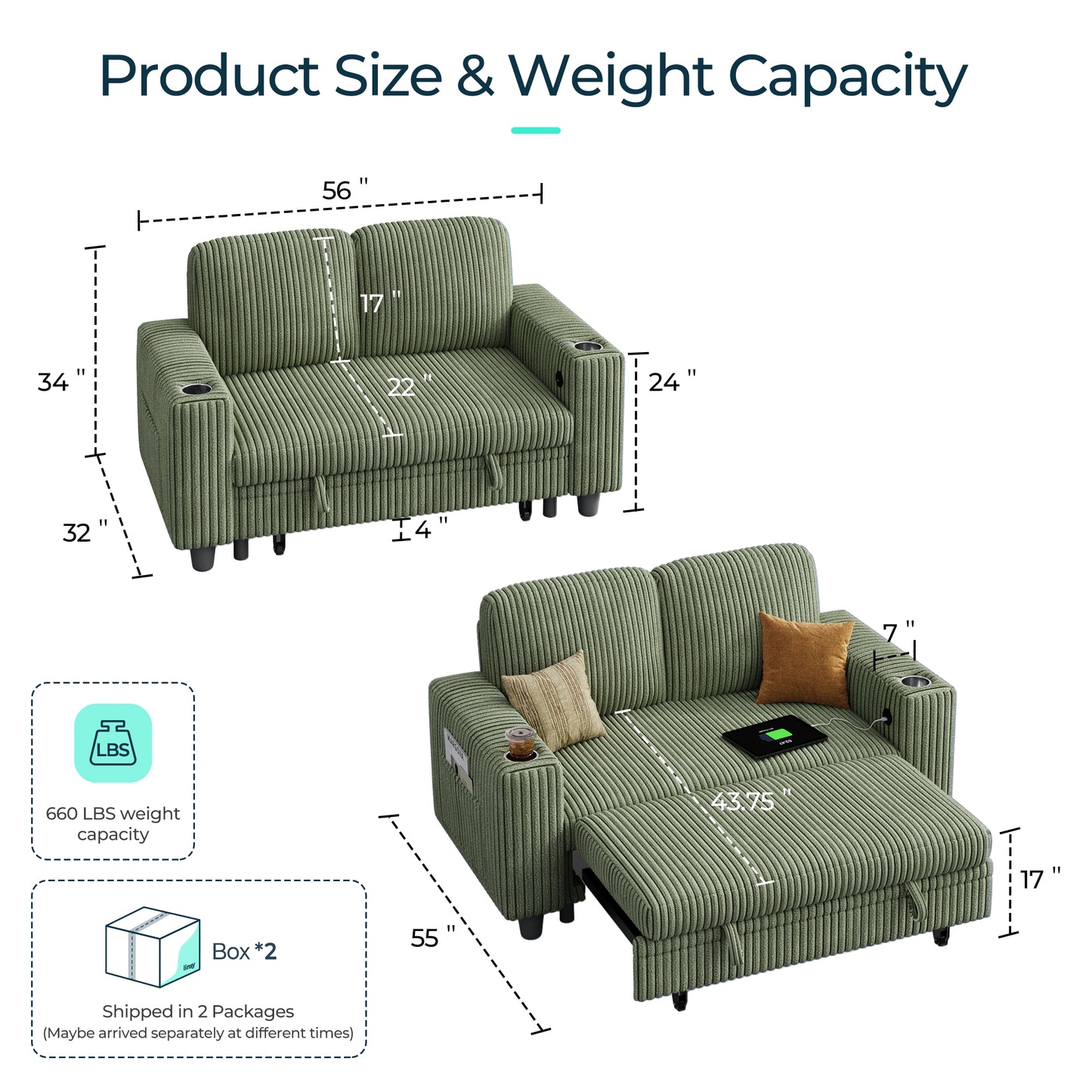 Linsy HS015-02 Plush Corduroy Pull Out Couch Chaise Lounge, Convertible Loveseat Sofa Couch With Usb & Cup Holder