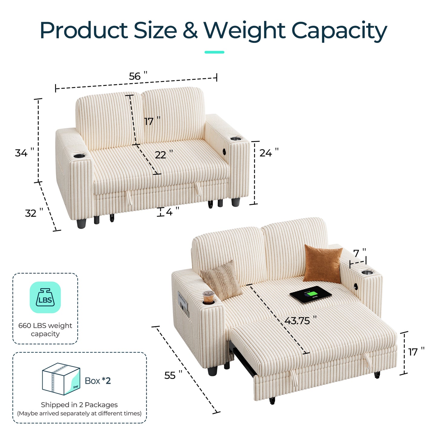 2-in-1 Convertible 2 Seater Sofa with USB Charging & Cup Holders