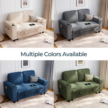 Linsy HS015 Storage Corduroy Loveseat Sofa Couch with USB & Cup Holder