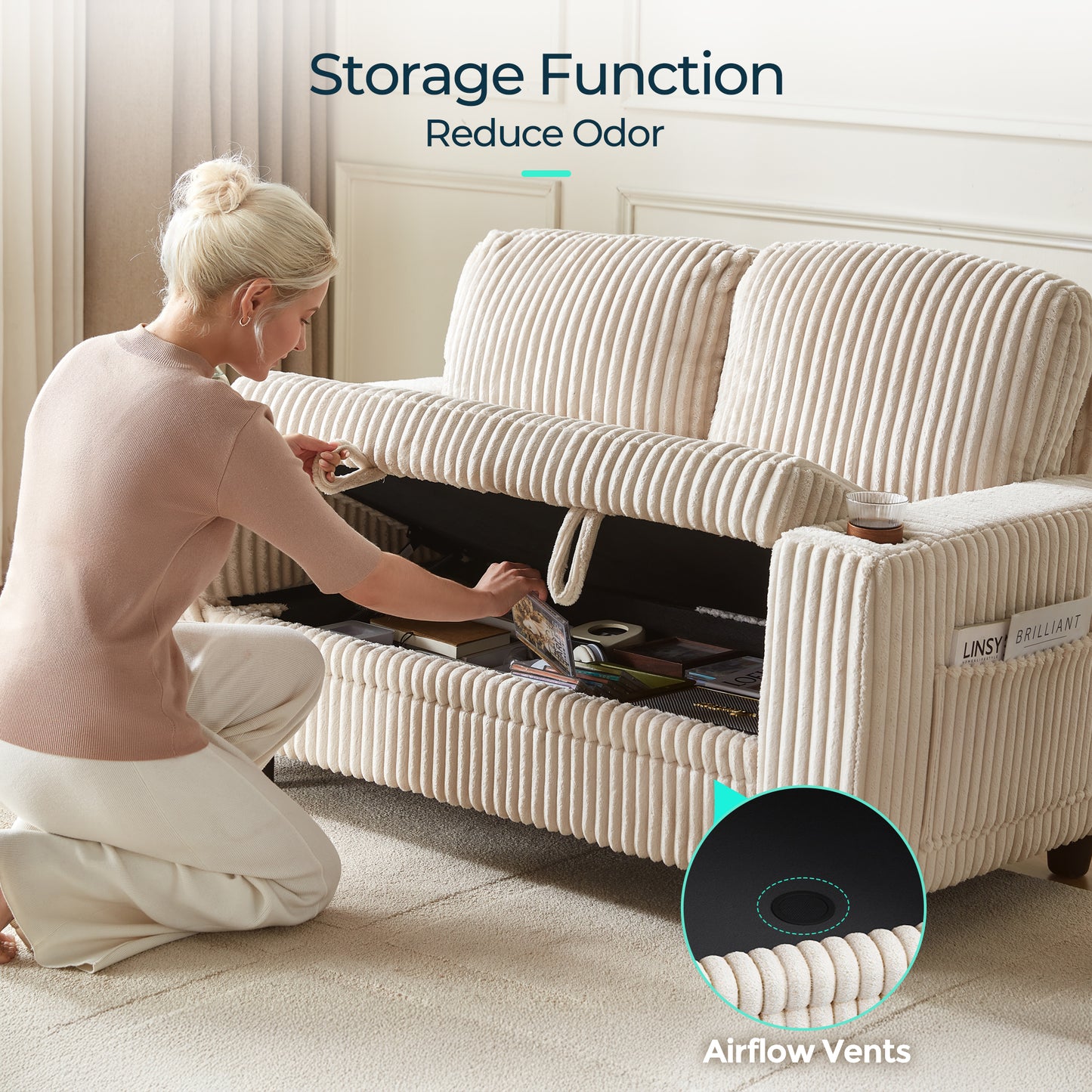Linsy HS015 Storage Corduroy Loveseat Sofa Couch with USB & Cup Holder