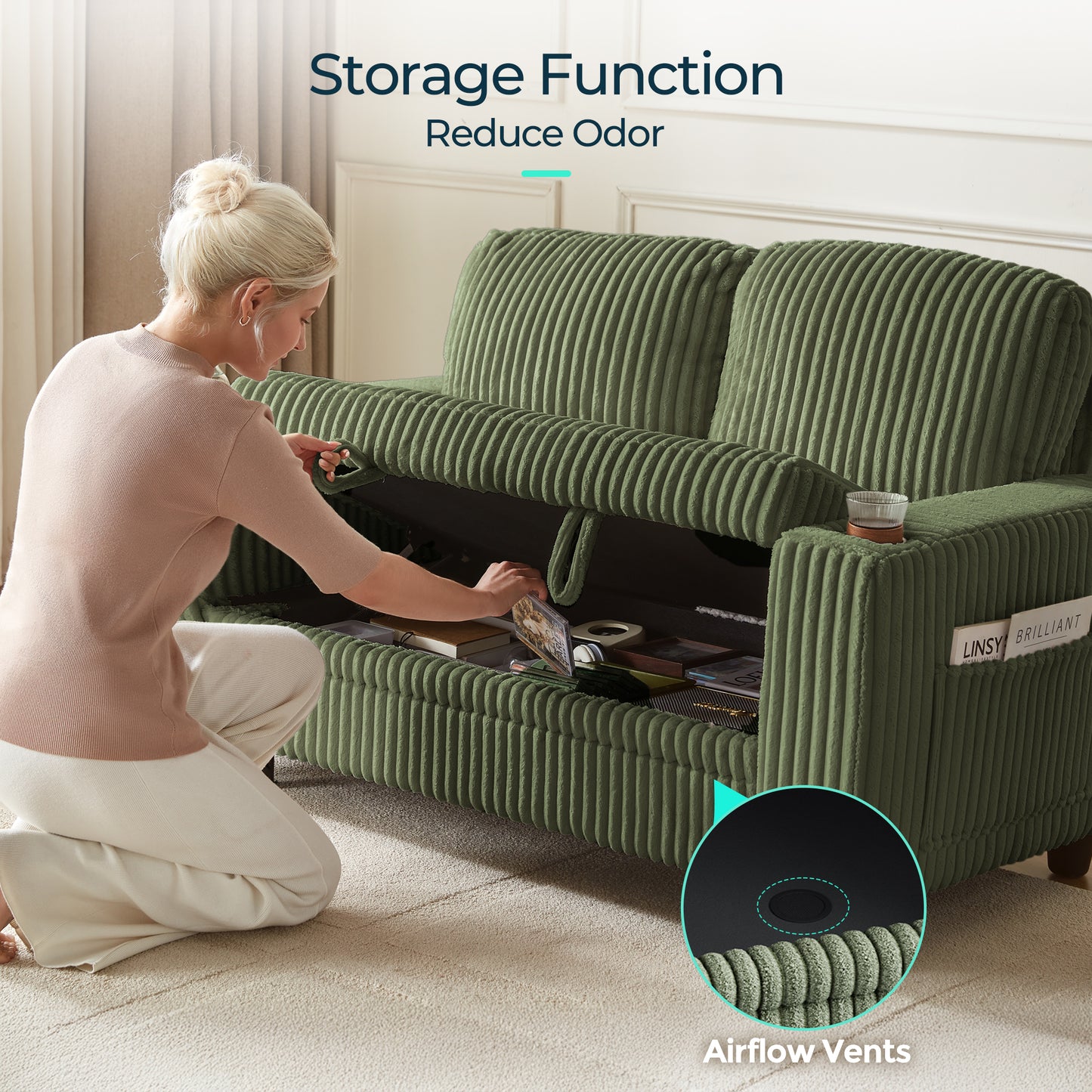 Linsy HS015 Storage Corduroy Loveseat Sofa Couch with USB & Cup Holder