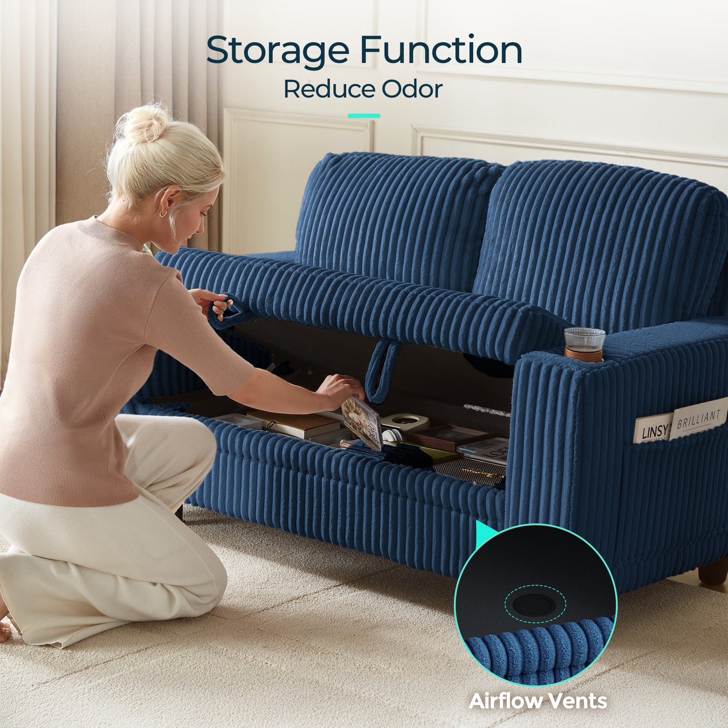 Linsy HS015 Storage Corduroy Loveseat Sofa Couch with USB & Cup Holder