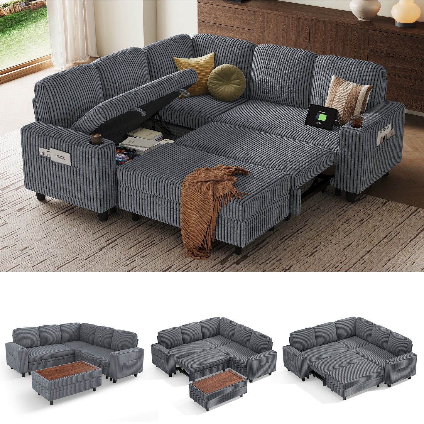 Linsy Home HS015-02-3+1&Ottoman#1225 Plush Corduroy Sleeper Sofa Bed with Storage Seat, Pull Out Couch Bed with Multifunctional Storage Ottoman, L-Shaped Sectional Couches for Living Room,