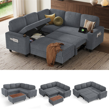 Linsy Home HS015-02-3+1&Ottoman#1225 Plush Corduroy Sleeper Sofa Bed with Storage Seat, Pull Out Couch Bed with Multifunctional Storage Ottoman, L-Shaped Sectional Couches for Living Room,