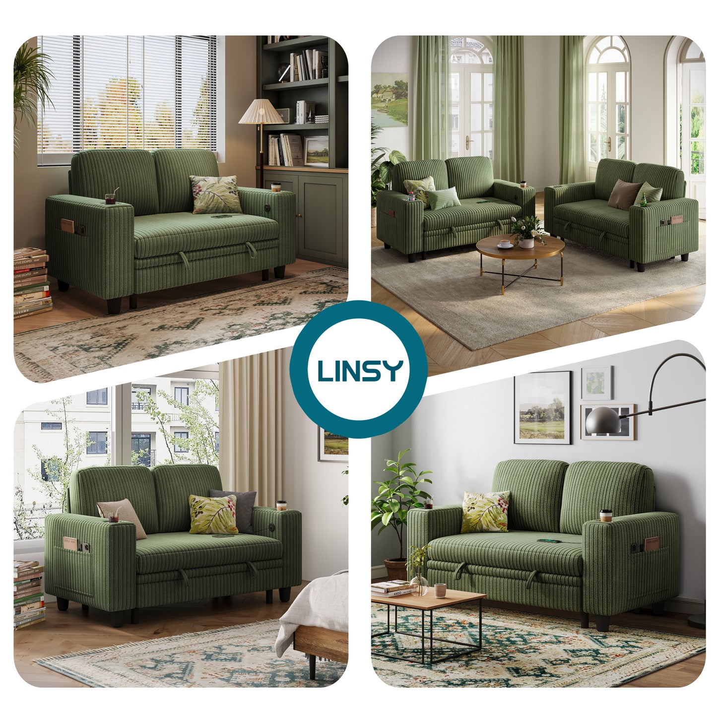 Linsy HS015-02 Plush Corduroy Pull Out Couch Chaise Lounge, Convertible Loveseat Sofa Couch With Usb & Cup Holder