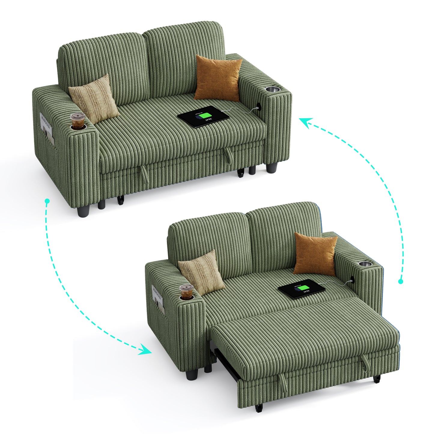 2-in-1 Convertible 2 Seater Sofa with USB Charging & Cup Holders
