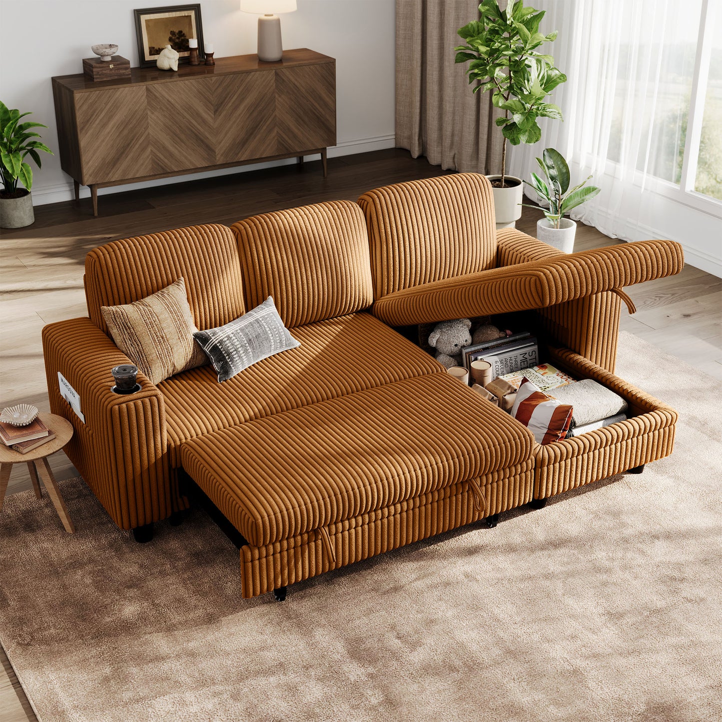 Linsy Home HS015-02-3+1&OttomanPlush Corduroy Sleeper Sofa Bed with Storage Seat, Pull Out Couch Bed with Multifunctional Storage Ottoman, L-Shaped Sectional Couches for Living Room, Apartment