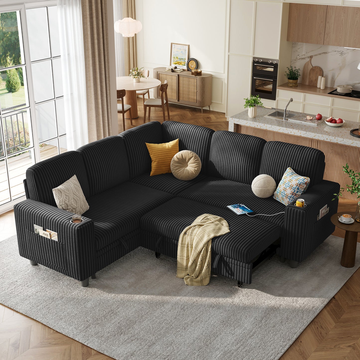 Linsy HS015 5+1 Plush Corduroy Sleeper Sofa Pull Out Couch Bed with USB, Cup Holder, Side Pocket, V Shaped Sectional Couches for Living Room