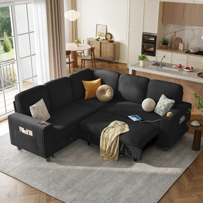 Linsy HS015 5+1 Plush Corduroy Sleeper Sofa Pull Out Couch Bed with USB, Cup Holder, Side Pocket, V Shaped Sectional Couches for Living Room