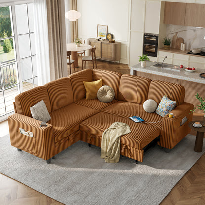 Linsy HS015 5+1 Plush Corduroy Sleeper Sofa Pull Out Couch Bed with USB, Cup Holder, Side Pocket, V Shaped Sectional Couches for Living Room