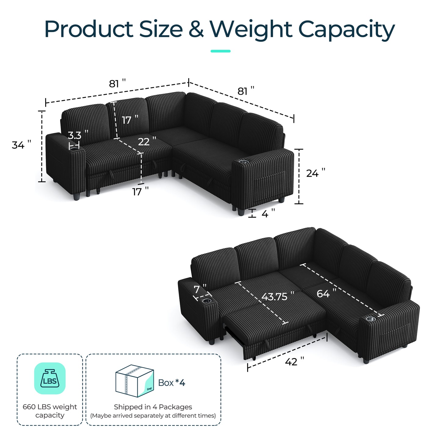 Linsy HS015 5+1 Plush Corduroy Sleeper Sofa Pull Out Couch Bed with USB, Cup Holder, Side Pocket, V Shaped Sectional Couches for Living Room