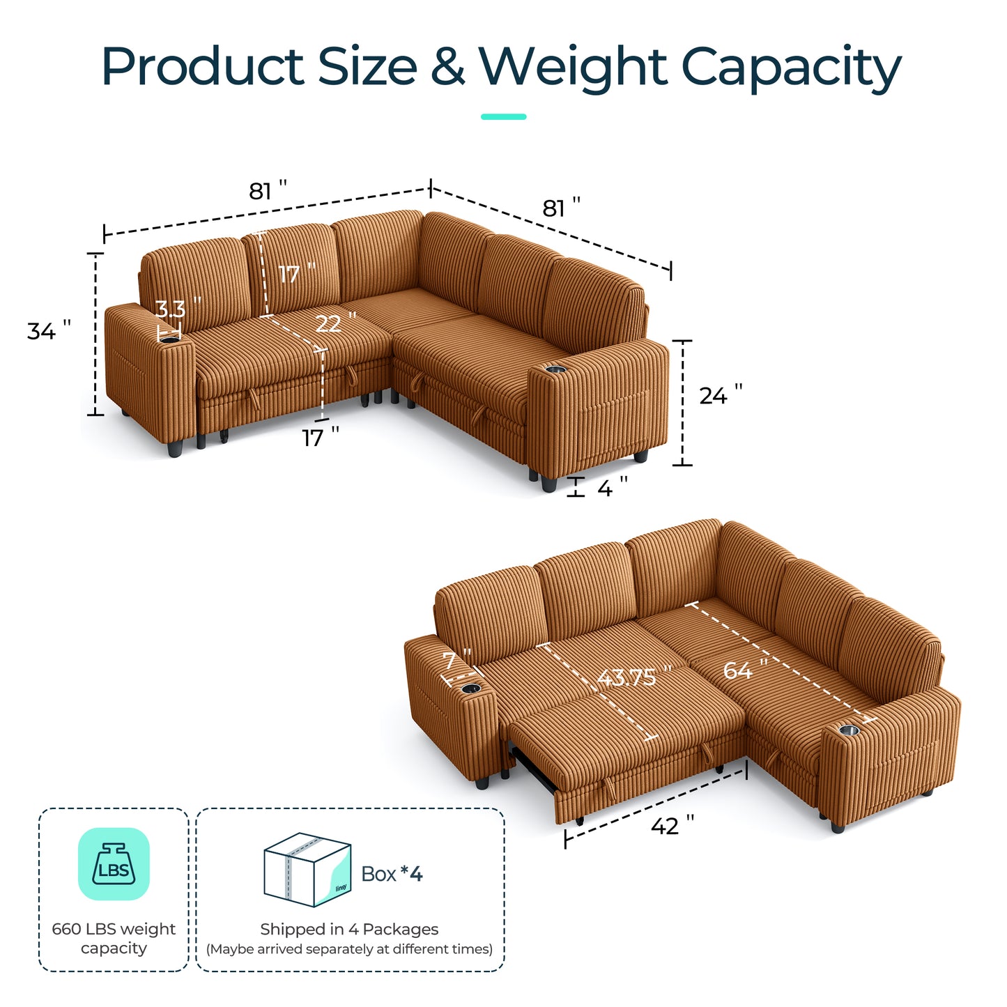 Linsy HS015 5+1 Plush Corduroy Sleeper Sofa Pull Out Couch Bed with USB, Cup Holder, Side Pocket, V Shaped Sectional Couches for Living Room