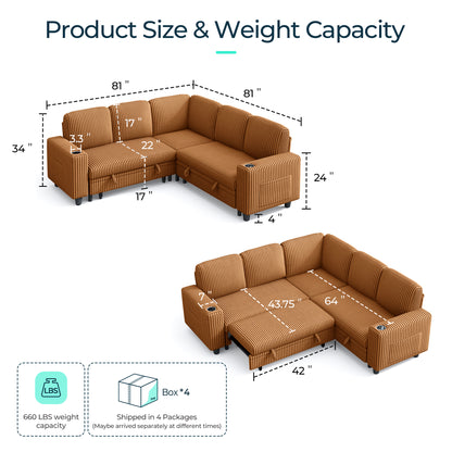 Linsy HS015 5+1 Plush Corduroy Sleeper Sofa Pull Out Couch Bed with USB, Cup Holder, Side Pocket, V Shaped Sectional Couches for Living Room