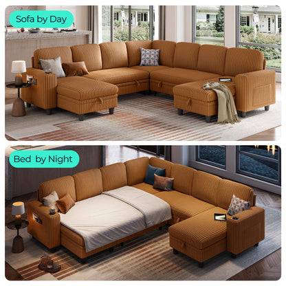 Linsy HS015 7+3 Storage Sectional Sleeper Sofa with Pull Out Bed, 9 Seat Modular Sectional Sofa with with USB & Cup Holder