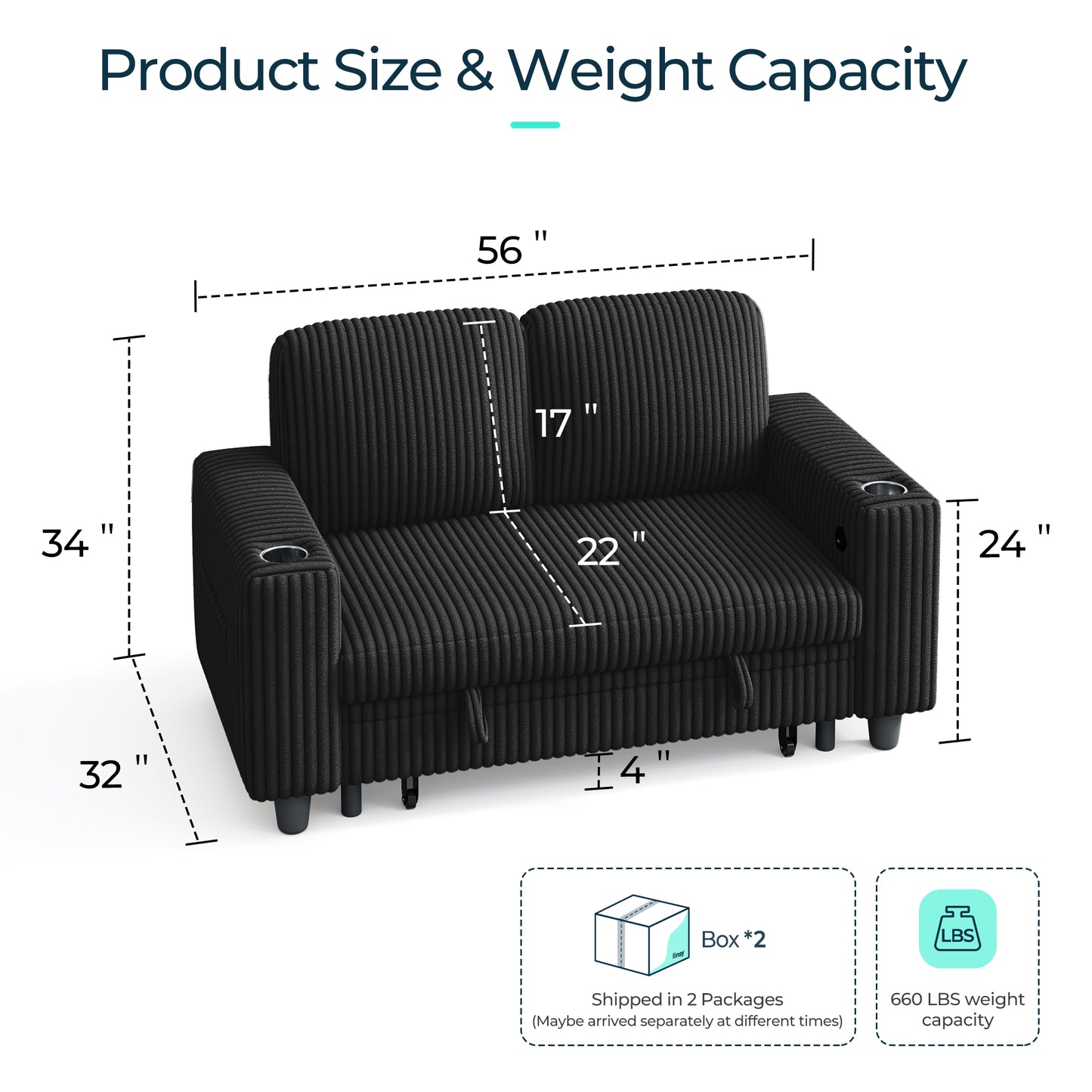 Linsy HS015 Storage Corduroy Loveseat Sofa Couch with USB & Cup Holder