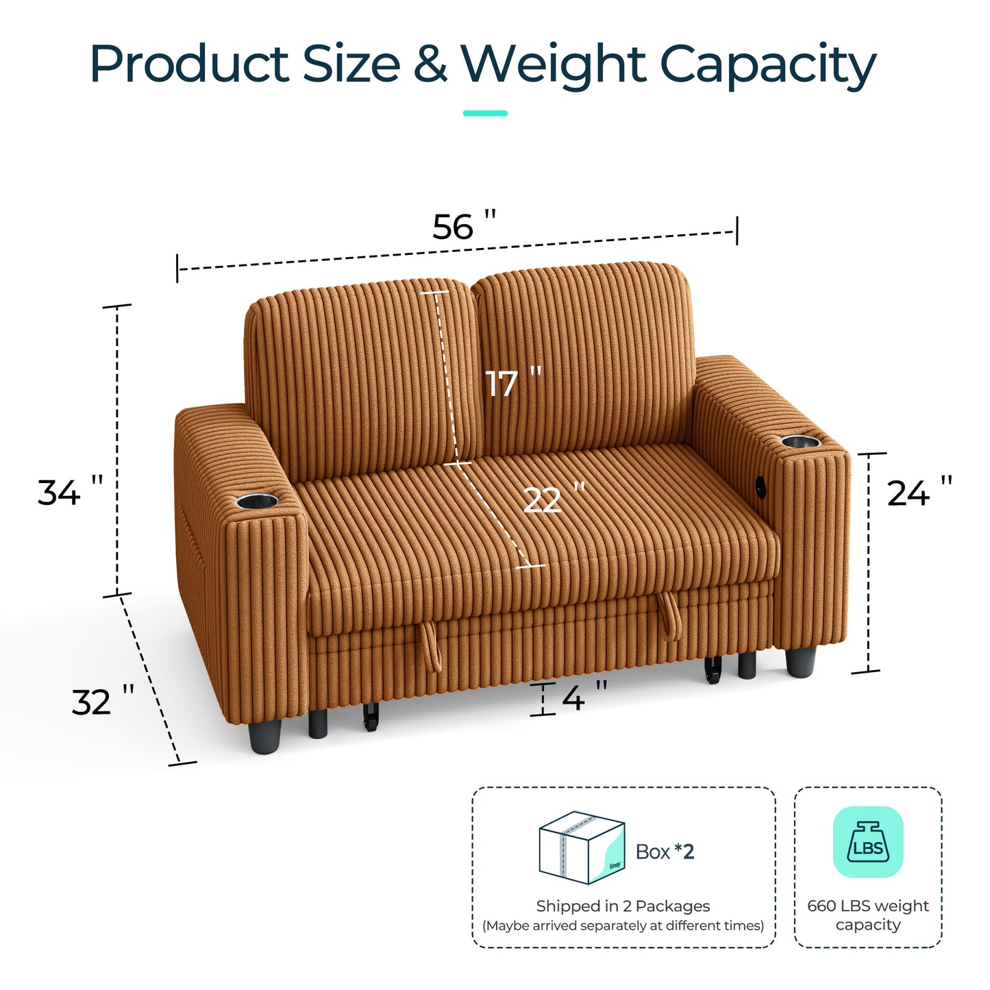 Linsy HS015 Storage Corduroy Loveseat Sofa Couch with USB & Cup Holder