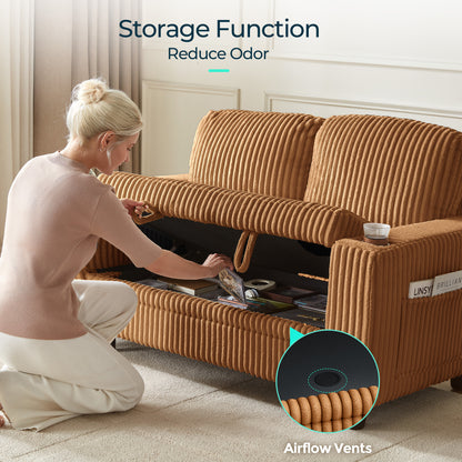 Linsy HS015 Storage Corduroy Loveseat Sofa Couch with USB & Cup Holder