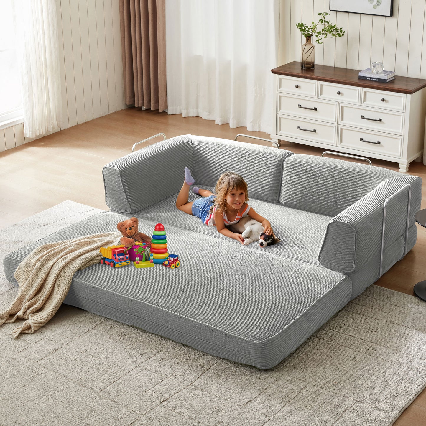 Foldable Sofa Bed, Compressed Sleeper Couch Shipped in a Box, Plush Corduroy, Space-Saving Design for Living Room