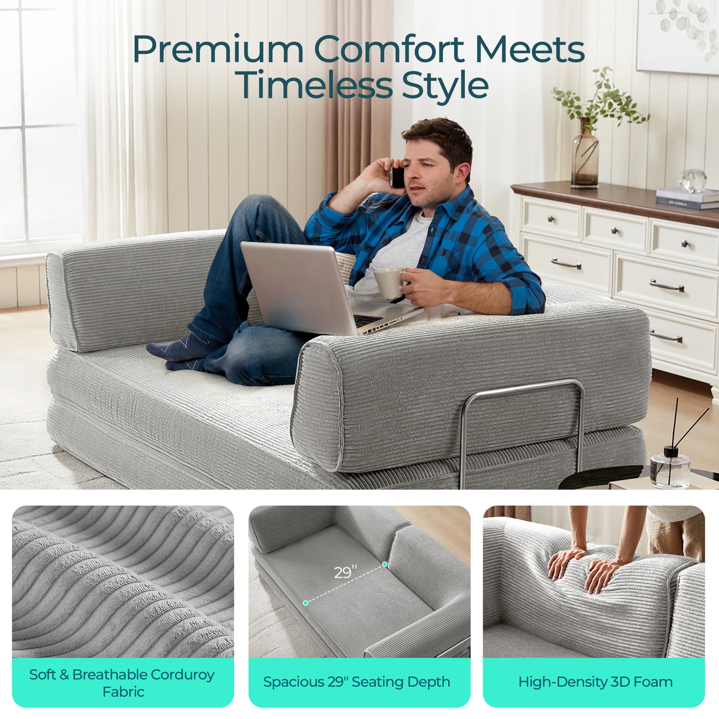Foldable Sofa Bed, Compressed Sleeper Couch Shipped in a Box, Plush Corduroy, Space-Saving Design for Living Room