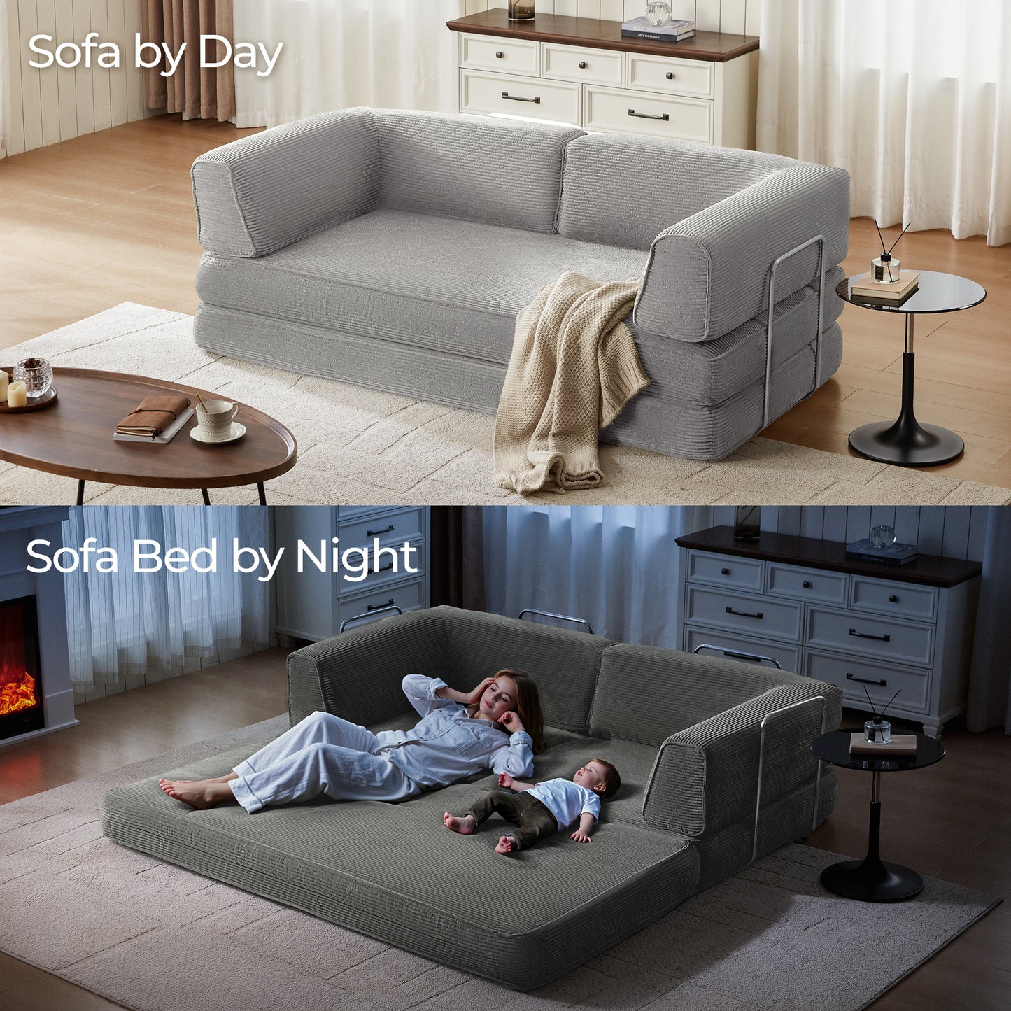 Foldable Sofa Bed, Compressed Sleeper Couch Shipped in a Box, Plush Corduroy, Space-Saving Design for Living Room