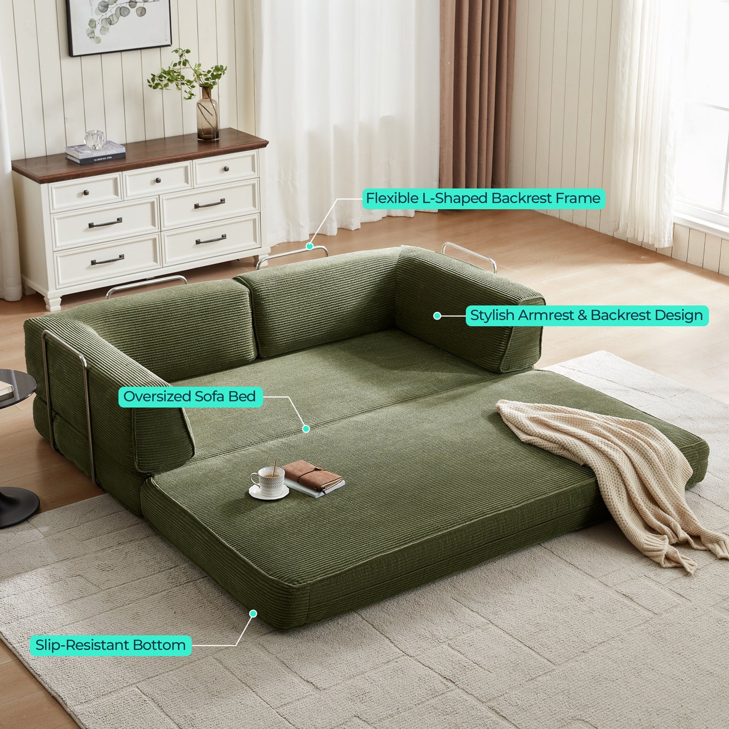 Foldable Sofa Bed, Compressed Sleeper Couch Shipped in a Box, Plush Corduroy, Space-Saving Design for Living Room