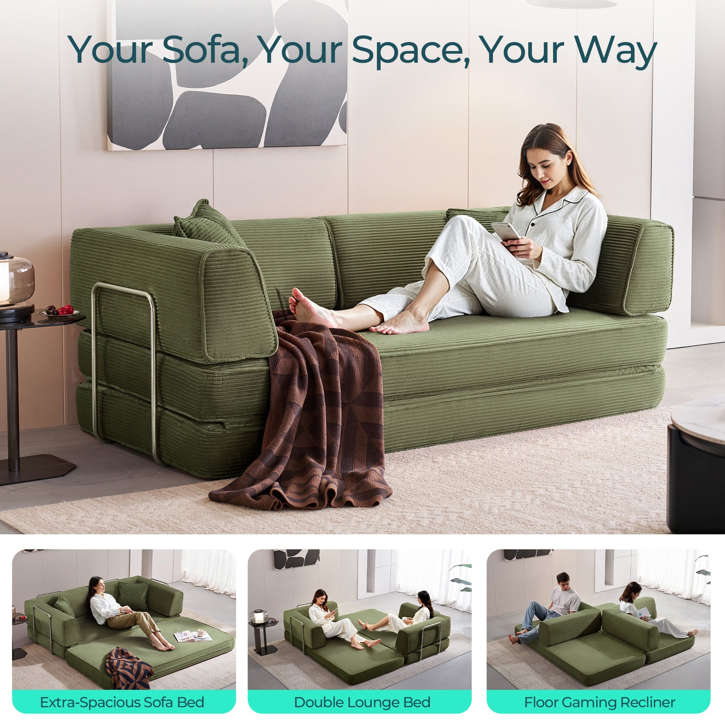 Convertible Sofa Bed Sleeper Sofa Folding Loveseat Sleeper Corduroy Couch Bed for Living Room Bedroom