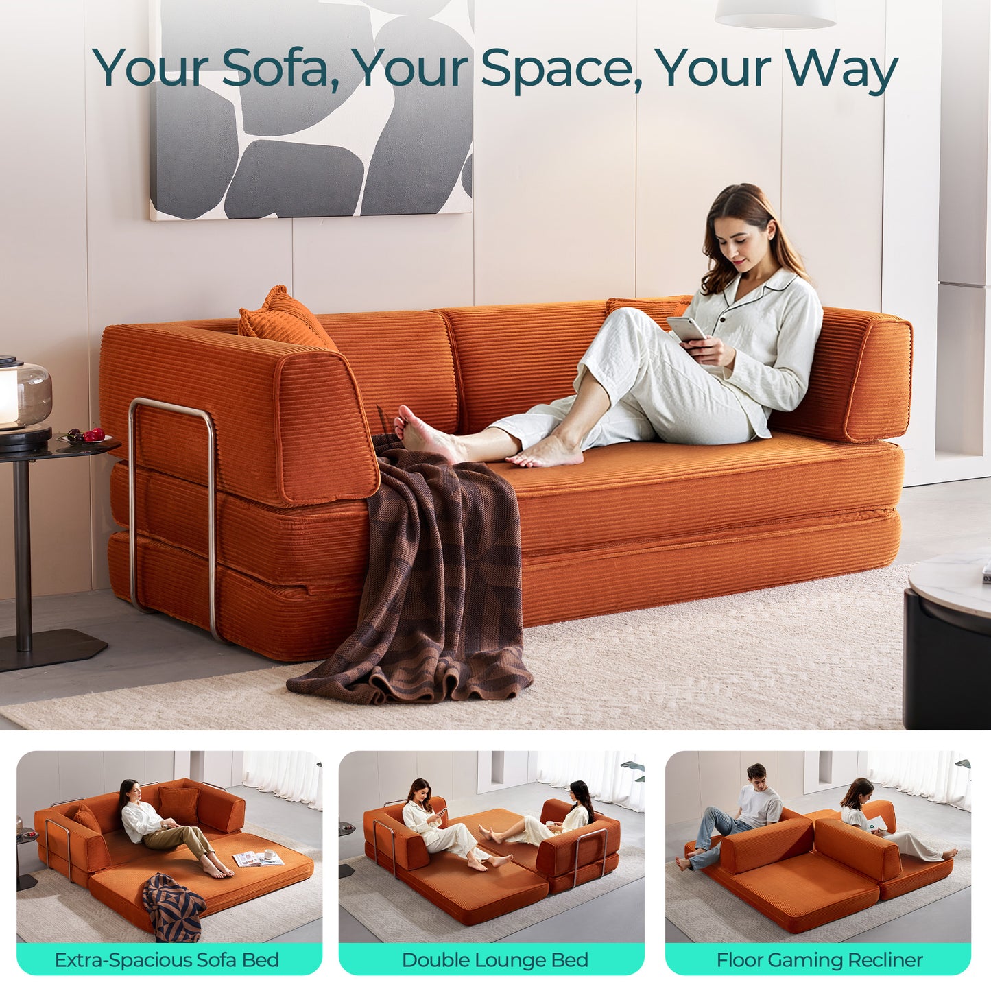 Convertible Sofa Bed Sleeper Sofa Folding Loveseat Sleeper Corduroy Couch Bed for Living Room Bedroom