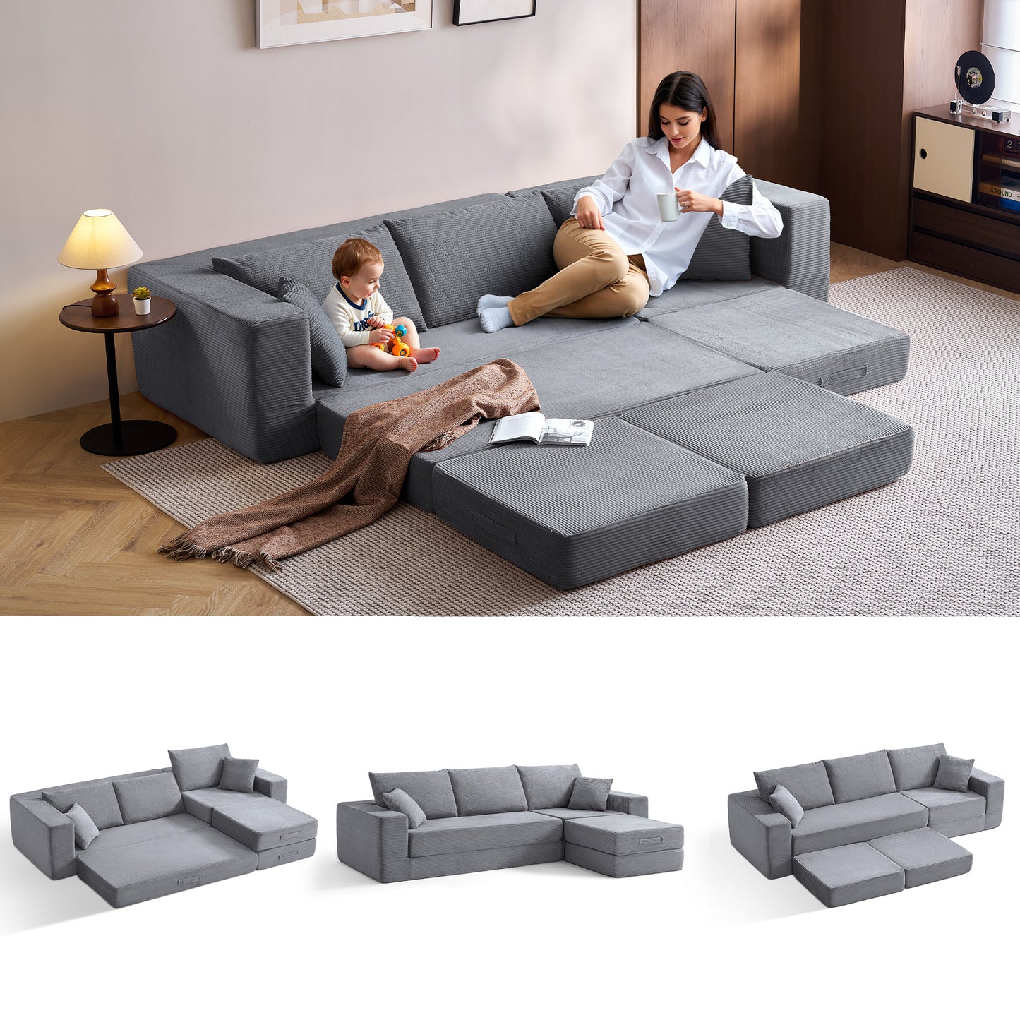 Folding Modular Convertible Sofa Bed with Ottoman, Oversized Corduroy Sleeper Couch