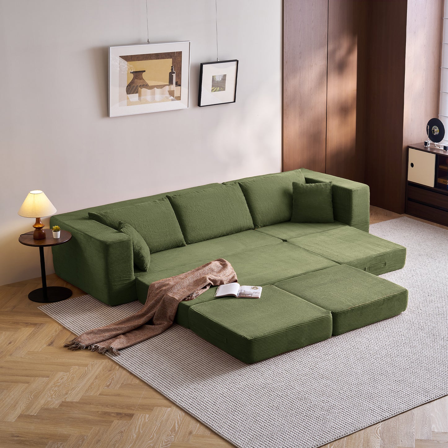Folding Modular Convertible Sofa Bed with Ottoman, Oversized Corduroy Sleeper Couch
