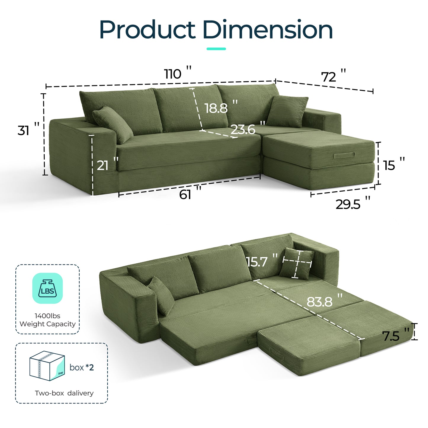 Folding Modular Convertible Sofa Bed with Ottoman, Oversized Corduroy Sleeper Couch