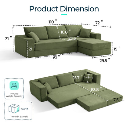Folding Modular Convertible Sofa Bed with Ottoman, Oversized Corduroy Sleeper Couch