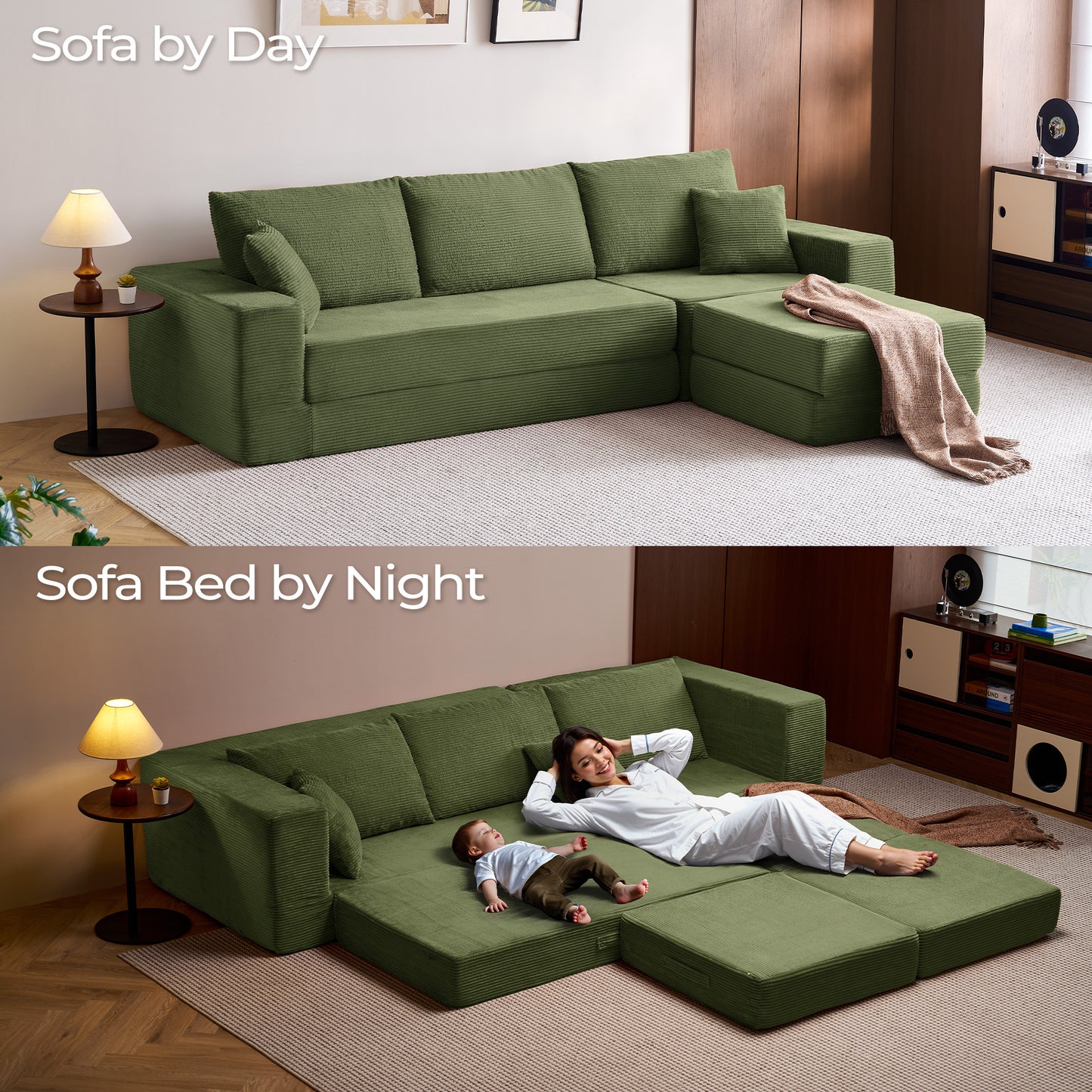 Folding Modular Convertible Sofa Bed with Ottoman, Oversized Corduroy Sleeper Couch