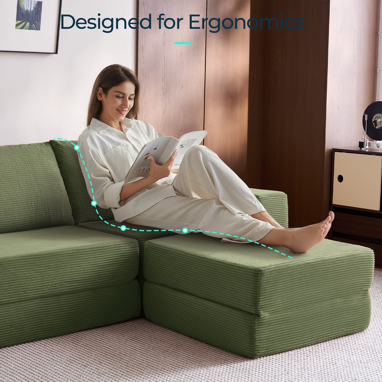 Folding Modular Convertible Sofa Bed with Ottoman, Oversized Corduroy Sleeper Couch