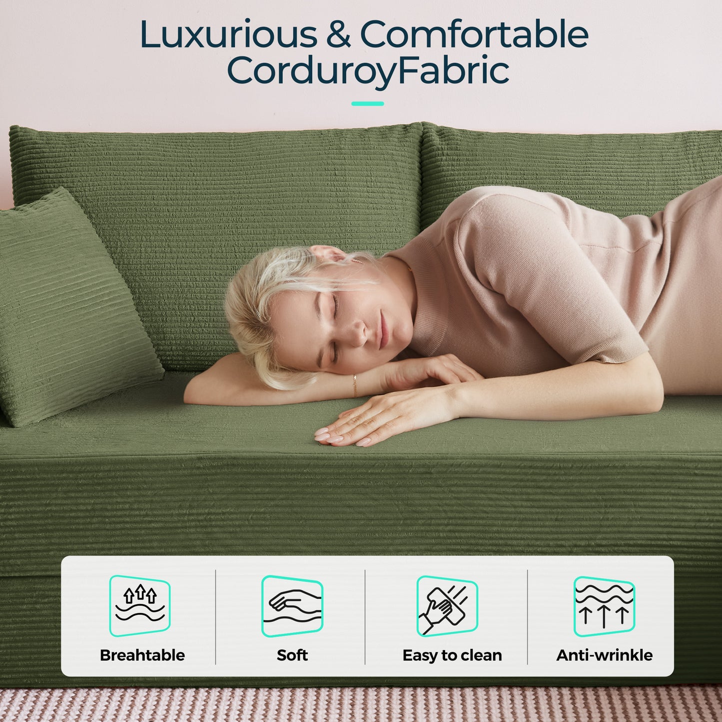 Folding Modular Convertible Sofa Bed with Ottoman, Oversized Corduroy Sleeper Couch