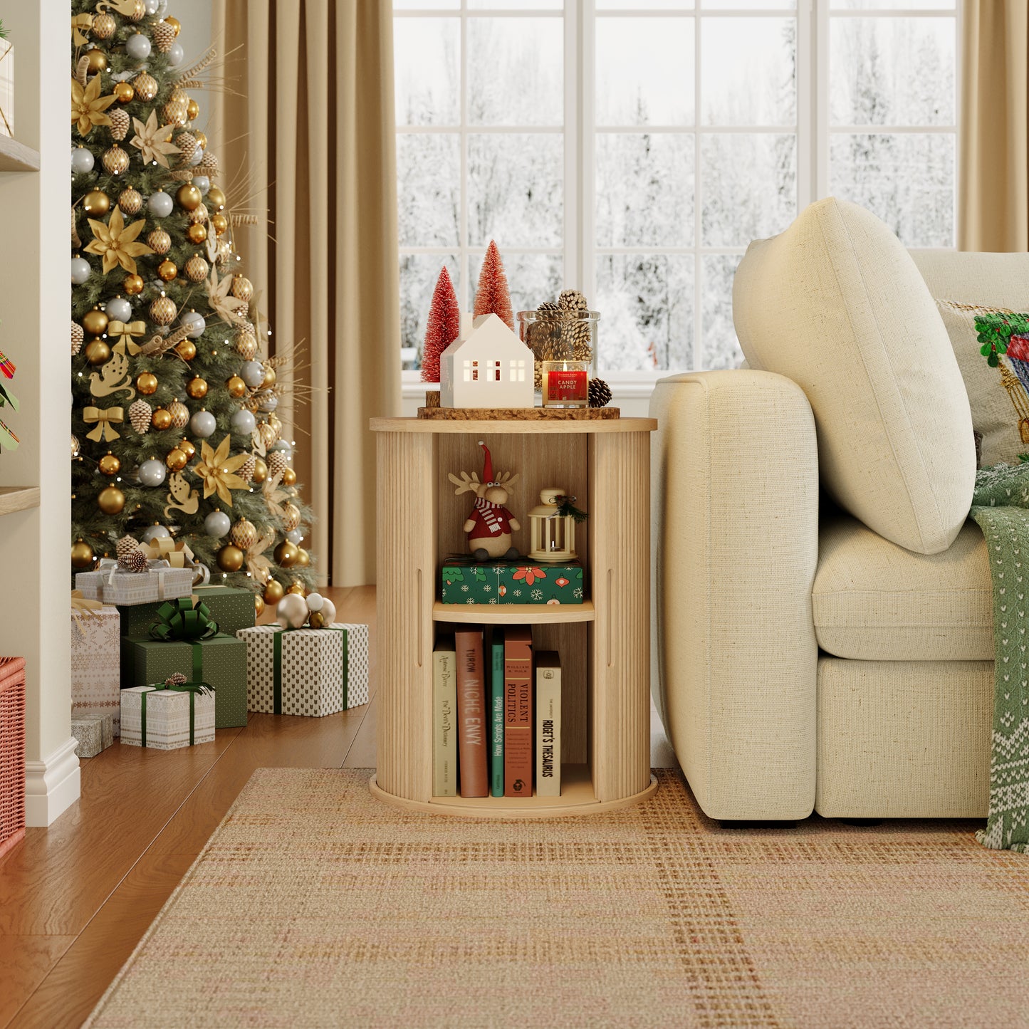 Fluted Round End Table for Living Room or Bedroom, Nightstand with Sliding Tambour Door and Adjustable Shelves