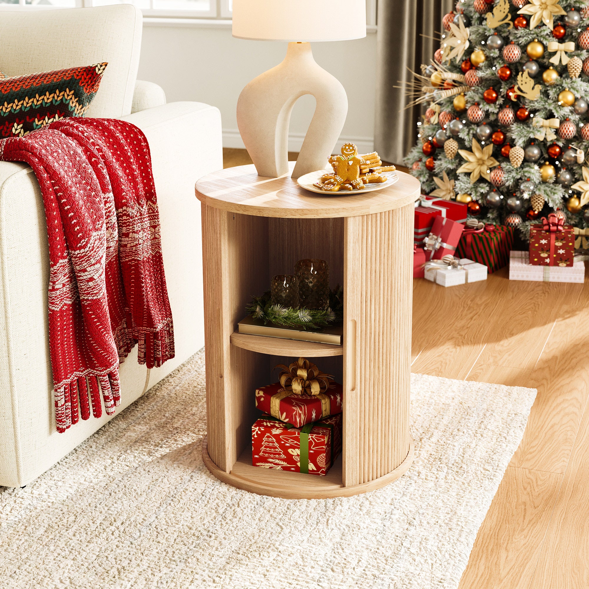 Fluted Round End Table for Living Room or Bedroom, Nightstand with Sliding Tambour Door and Adjustable Shelves