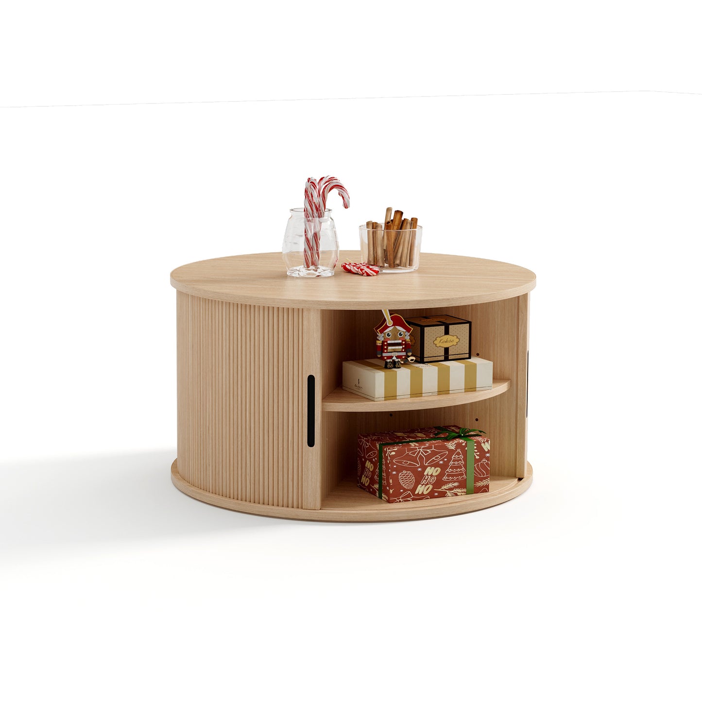 Round Fluted Coffee Table with Large Storage, Mid-Century Style, Sliding Tambour Door for Living Room