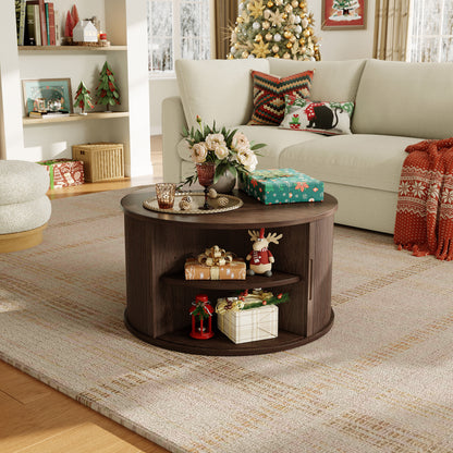 Round Fluted Coffee Table with Large Storage, Mid-Century Style, Sliding Tambour Door for Living Room